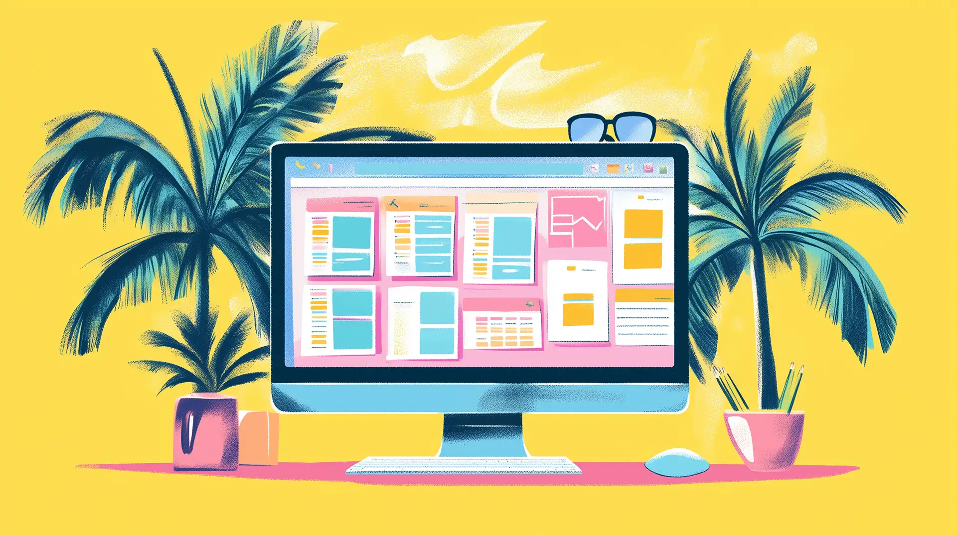 an artist's editorial illustration of A Content Calendar Dashboard: A visually appealing snapshot of a digital content calendar on a computer screen, filled with colourful posts and reminders. The workspace is adorned with palm trees and beach decor, reflecting the laid-back lifestyle in Florida, emphasizing the importance of planning in social media strategy, duotone