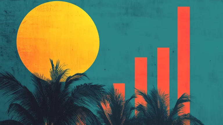 an artist's editorial illustration of A graphical representation of an insurance agency's growth chart, illustrated with the Florida sun shining brightly behind it, highlighting successful blogging efforts, duotone