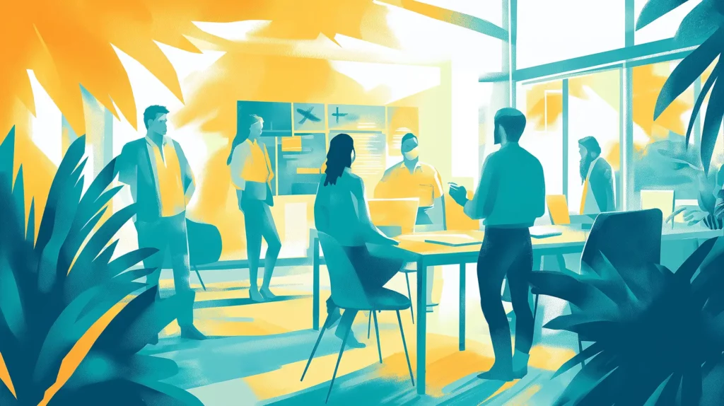 an artist's editorial illustration of A vibrant image of an office environment where a team is brainstorming ideas for a blog post, with a Florida-themed inspiration board featuring local imagery and insurance topics, duotone