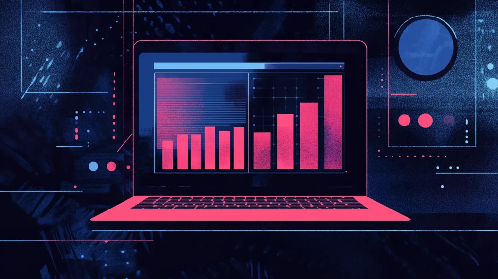 an artist's editorial illustration of Analytics Visualization: A visualization of analytics data displayed on a laptop screen. This image embodies the analytical approach brands should take to measure their social media success effectively, duotone